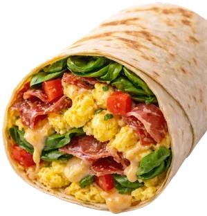 Burrito de jamón serrano con huevos, espinaca, queso y salsa chipotle