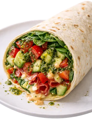 Burrito vegetariano con aguacate, pepino, espinaca, tomate y pesto de pistacho