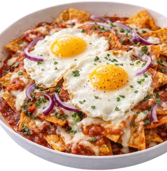 Chilaquiles con huevos fritos sobre tortillas de maíz con salsa de tomate y cebolla morada