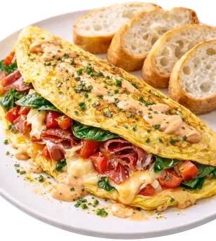 Omellete Serrano con jamón serrano, queso fundido y salsa chipotle
