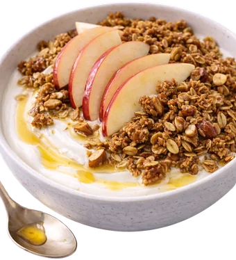 Yogur griego con granola casera, fruta fresca y miel